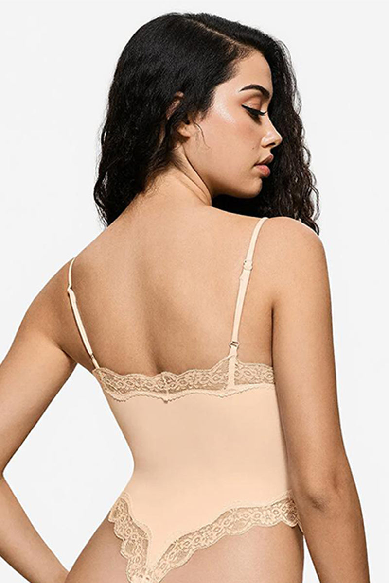 Sexy einfarbiger Stretch-Bodysuit mit Spaghettiträgern und Spitzenbesatz